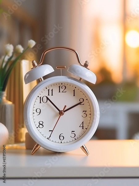 Obraz Close-up of an alarm clock on the background of a bright room, bed and window with curtains