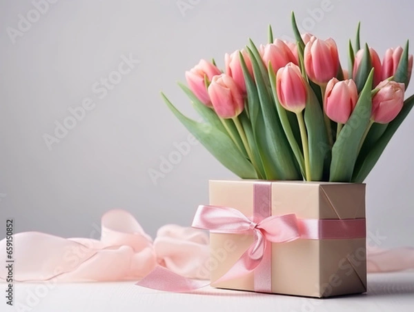 Fototapeta A bouquet of pink tulips stands on a white table and next to it stands a craft gift box tied with a satin ribbon. March 8, Mother's Day.