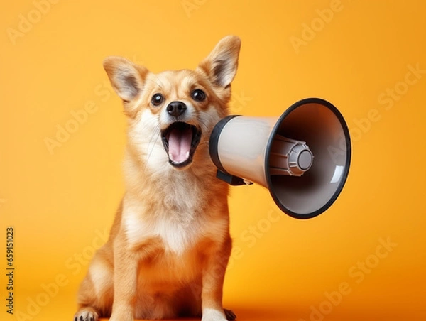 Fototapeta A funny ginger dog holds a yellow loudspeaker in its paws and screams on a yellow background - creative idea. Business and management concept. Increased traffic, advertising and attention
