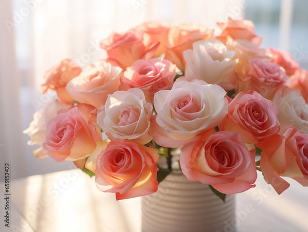 Fototapeta A bouquet of roses stands in a vase on a white table on March 8, Mother's Day, birthday.