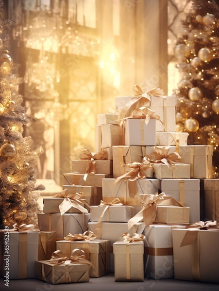 Fototapeta A large mountain of New Year's gifts stands in a bright room against the background of a New Year tree and garland lights. Golden Christmas gifts with bows under the Christmas tree.