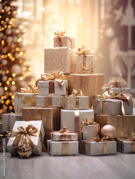 Fototapeta A large mountain of New Year's gifts stands in a bright room against the background of a New Year tree and garland lights. Golden Christmas gifts with bows under the Christmas tree.