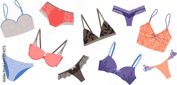 Obraz Colorful collection of elegant female underwear. Trendy lingerie set, bra, pantie, bikini. Collection of undergarments vector illustration