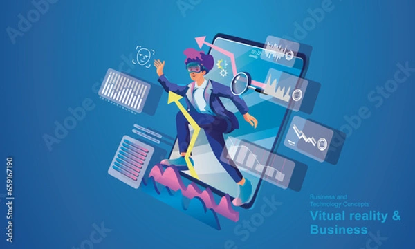 Fototapeta A man wearing a VR headset floating in cyberspace. Simulation of the virtual digital world for business with entertainment and visual experience in the metaverse. Flat vector illustration