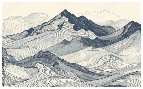 Fototapeta Mountain Wave Line Art Print. Abstract Vector Illustrations Showcasing Contemporary Aesthetic Backgrounds with Mesmerizing Mountain Sceneries.