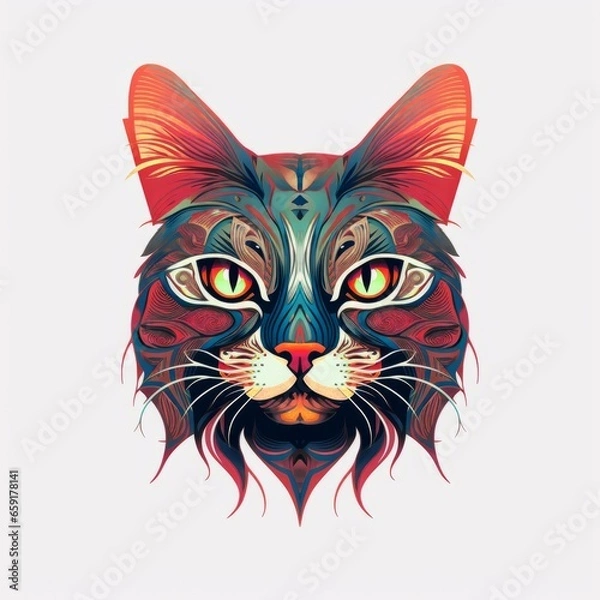 Obraz A face of a cat with bright colors. An illustration of a cat with a mystical style. A symmetrically drawn cat head. A symmetrical face of a cat looking straight ahead.
