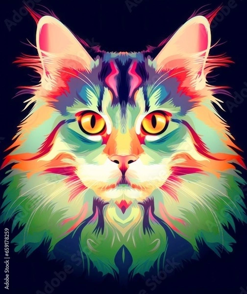 Obraz A face of a cat with bright colors. An illustration of a cat with a mystical style. A symmetrically drawn cat head. A symmetrical face of a cat looking straight ahead.
