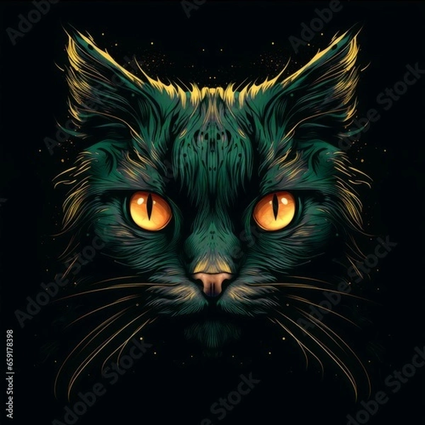 Obraz A face of a cat with bright colors. An illustration of a cat with a mystical style. A symmetrically drawn cat head. A symmetrical face of a cat looking straight ahead.

