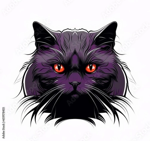 Obraz A face of a cat with bright colors. An illustration of a cat with a mystical style. A symmetrically drawn cat head. A symmetrical face of a cat looking straight ahead.
