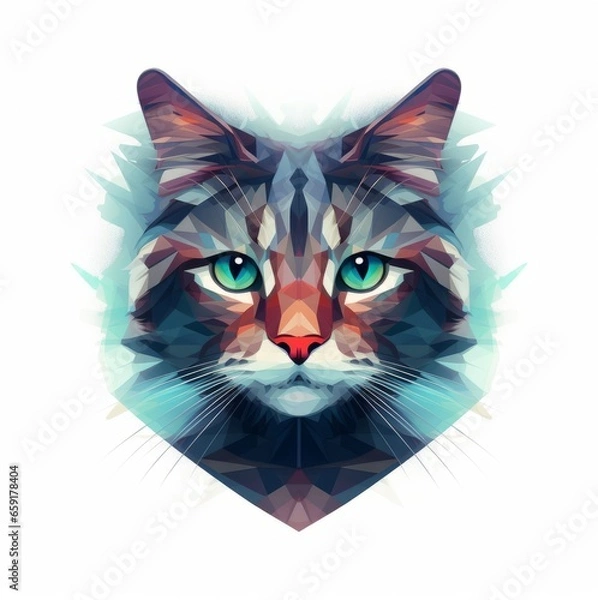 Obraz A face of a cat with bright colors. An illustration of a cat with a mystical style. A symmetrically drawn cat head. A symmetrical face of a cat looking straight ahead.
