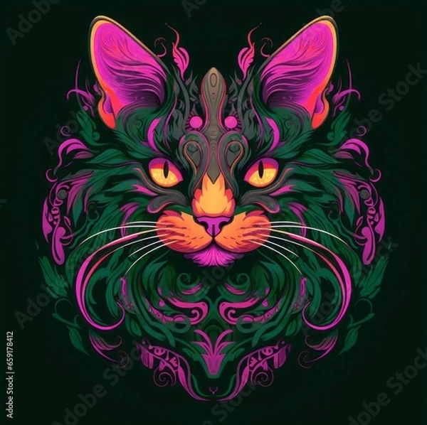 Obraz A face of a cat with bright colors. An illustration of a cat with a mystical style. A symmetrically drawn cat head. A symmetrical face of a cat looking straight ahead.
