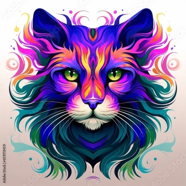 Obraz A face of a cat with bright colors. An illustration of a cat with a mystical style. A symmetrically drawn cat head. A symmetrical face of a cat looking straight ahead.
