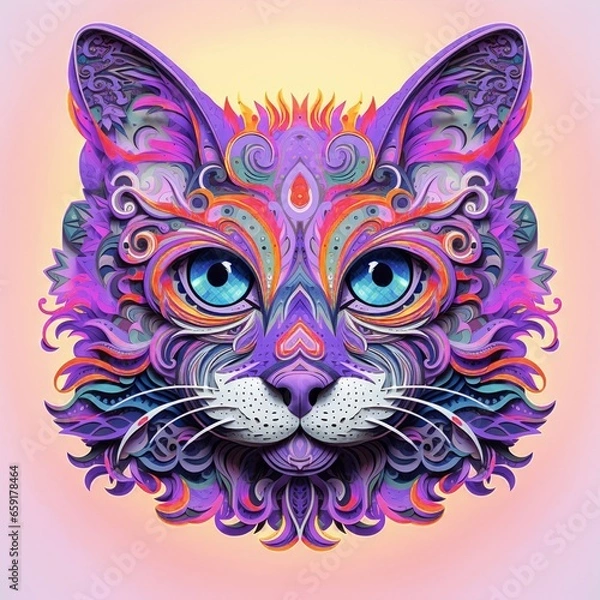 Obraz A face of a cat with bright colors. An illustration of a cat with a mystical style. A symmetrically drawn cat head. A symmetrical face of a cat looking straight ahead.
