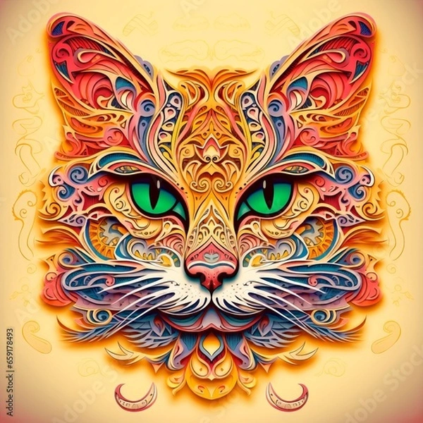 Obraz A face of a cat with bright colors. An illustration of a cat with a mystical style. A symmetrically drawn cat head. A symmetrical face of a cat looking straight ahead.
