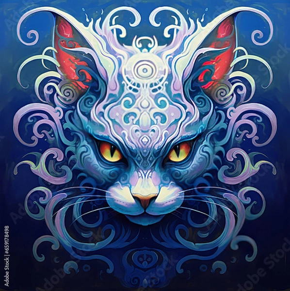 Obraz A face of a cat with bright colors. An illustration of a cat with a mystical style. A symmetrically drawn cat head. A symmetrical face of a cat looking straight ahead.

