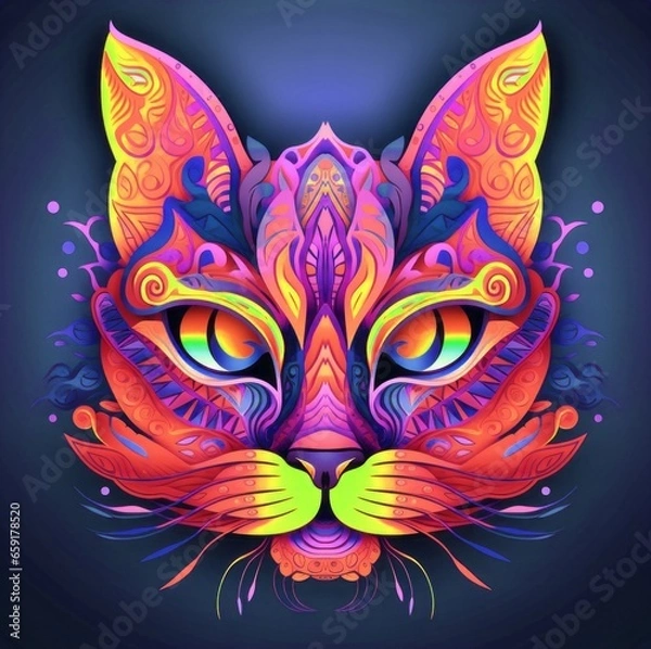Obraz A face of a cat with bright colors. An illustration of a cat with a mystical style. A symmetrically drawn cat head. A symmetrical face of a cat looking straight ahead.
