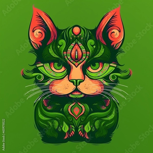 Obraz A face of a cat with bright colors. An illustration of a cat with a mystical style. A symmetrically drawn cat head. A symmetrical face of a cat looking straight ahead.
