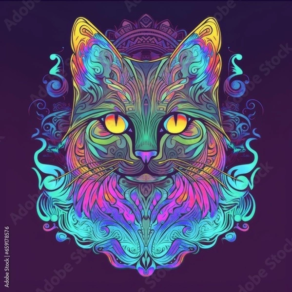 Obraz A face of a cat with bright colors. An illustration of a cat with a mystical style. A symmetrically drawn cat head. A symmetrical face of a cat looking straight ahead.

