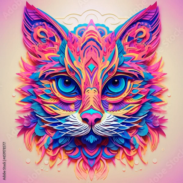 Obraz A face of a cat with bright colors. An illustration of a cat with a mystical style. A symmetrically drawn cat head. A symmetrical face of a cat looking straight ahead.
