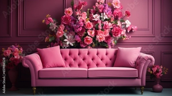 Obraz A pink couch in a room with flowers on the wall. Generative AI