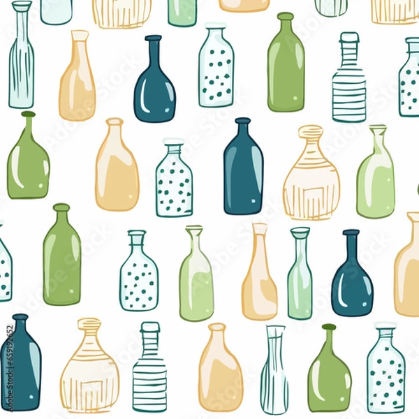 Fototapeta Milk jugs and bottles pattern, background, hand-drawn cartoon flat art Illustrations in minimalist vector style