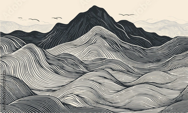 Fototapeta Abstract Mountain Wave Line Art Print. Vector Graphics of Contemporary Aesthetic, Featuring Majestic Mountain Scenes.