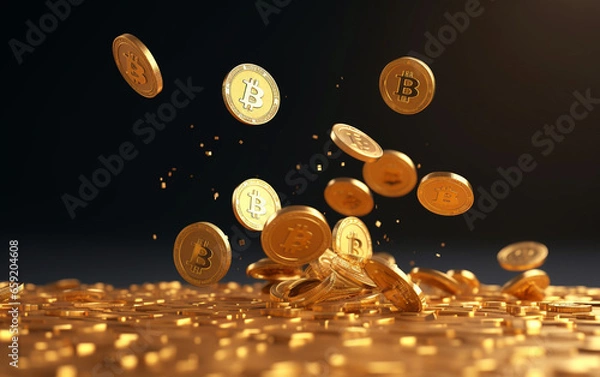 Fototapeta Minimalist Dynamic 3D Render of the Bitcoins Tossed in the Air