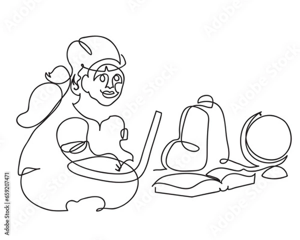 Fototapeta One line drawing of school preparation concept.
One continuous line drawing of little school girl is getting ready to go to school.