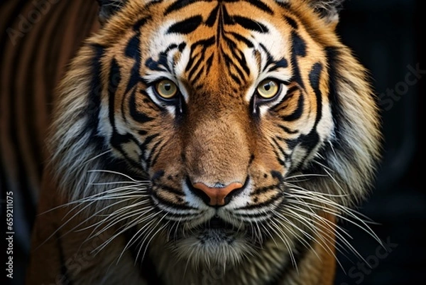 Obraz A majestic tiger's face in striking close-up against a dramatic black background