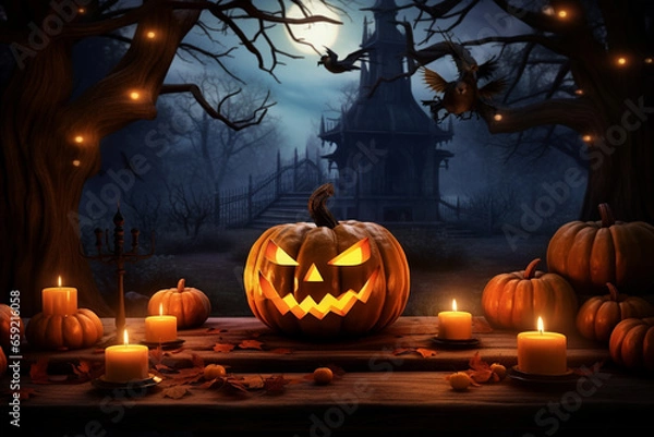 Fototapeta Halloween pumpkin head jack lantern with burning candles, Spooky Forest with a full moon and wooden table, Pumpkins In Graveyard In The Spooky Night - Halloween Backdrop