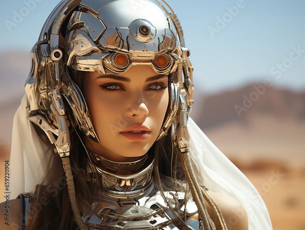 Fototapeta Robot girl in futuristic armor against a desert background
