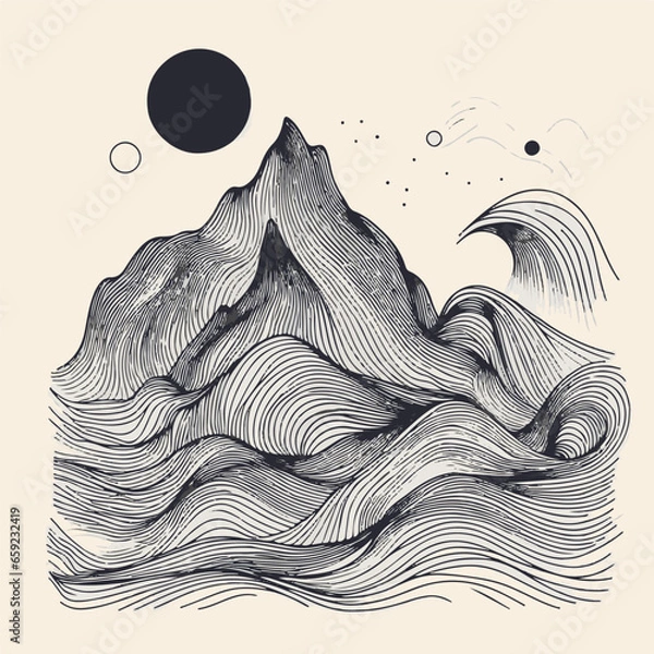 Fototapeta Mountain Wave Line Art Print. Abstract Vector Illustrations Featuring Contemporary Aesthetic Backgrounds with Breathtaking Mountain Landscapes.