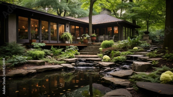 Fototapeta a house with an eco friendly garden in the middle of the forest