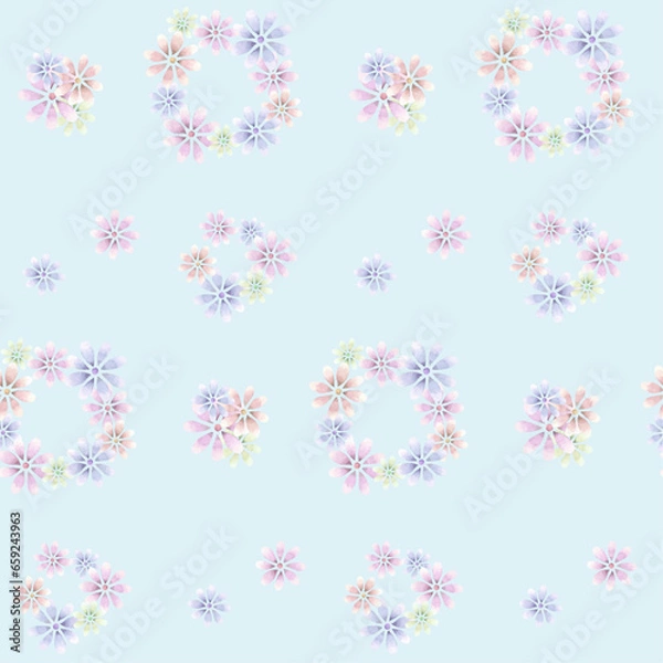 Fototapeta 水色バックのカラフルな花柄パターン