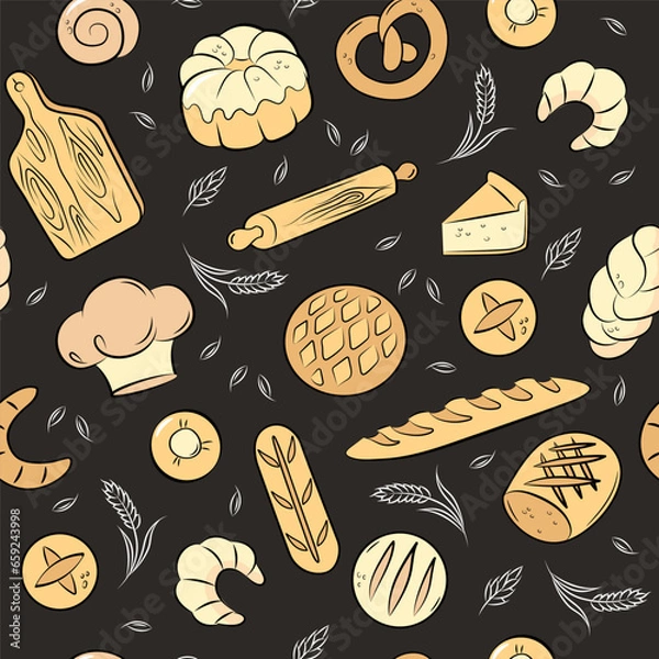 Fototapeta Bakery, bread, croissant, bun, pie, rolling pin, chef hat. Color vector seamless pattern on dark background. 