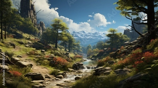 Fototapeta Enchanting Beauty: Exploring Nature's Majestic Landscapes of River, Mountain, and Forest, generative AI