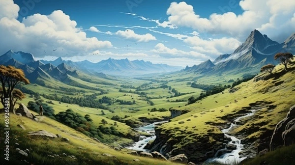 Obraz Majestic Outdoors: Captivating Alpine Peaks, Vast Valleys, and Picturesque Landscapes of Mountainous Views, generative AI
