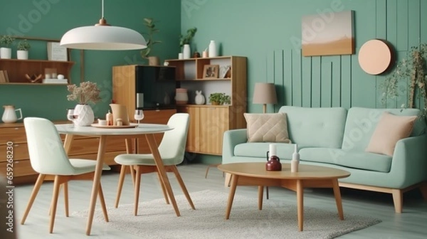 Fototapeta Mint color chairs at round wooden dining table in room with sofa and cabinet near green wall