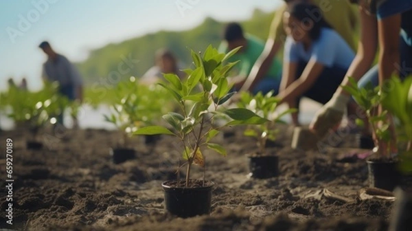 Fototapeta Group of volunteers planting mangrove forests, earth day and save the world.