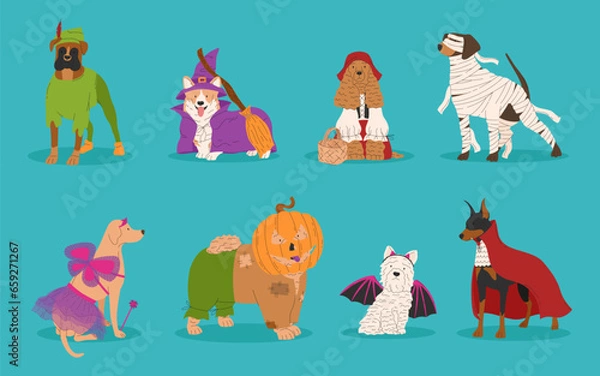 Obraz Cute dogs in different Halloween costume. Witch, mummy, vampire, bat, fairy, little girl and scarecrow. Happy Halloween vector illustration. Ideal for holiday cards, decorations, invitations and