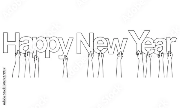 Fototapeta Hands holding letters as the words of Happy New Year line art vector.