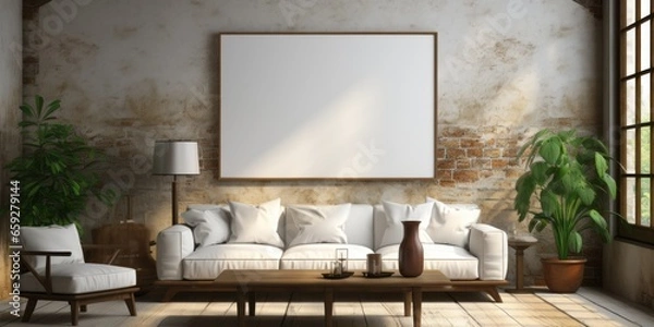 Fototapeta Interior of a room with a sofa and empty white canvas for mockup, AI generated
