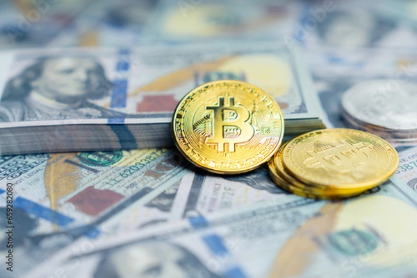 Fototapeta Golden symbolic coin Bitcoin on mock up one hundred dollars banknotes. Exchange bitcoin cash for a dollars. Cryptocurrency on US dollar bills. Digital modern method of payment.