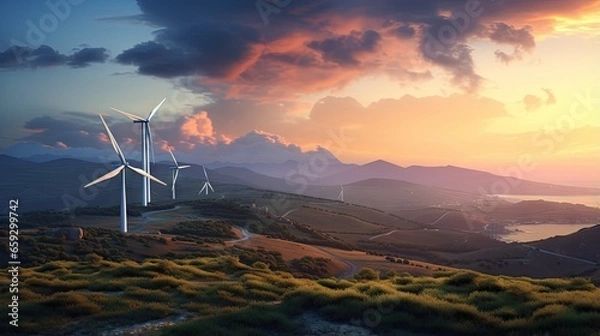 Fototapeta A sustainable wind farm in the Italian mountains generates clean energy during sunset benefiting the environment