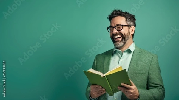 Fototapeta Engaging portrait of enthusiastic teacher highlighting copy space for educational materials against a green backdrop- generative AI, fiction Person