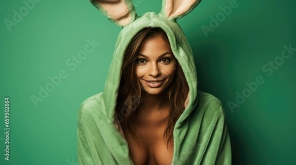 Fototapeta Young Model Woman in a Bunny Costume on a Green Background with Space for Copy- generative AI, fiction Person