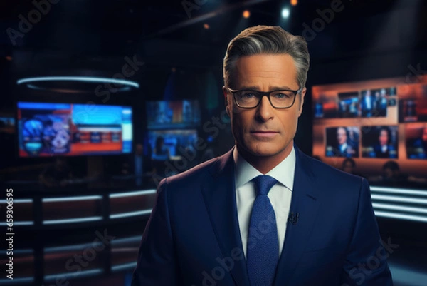 Fototapeta male news presenter broadcasts a program in a TV studio