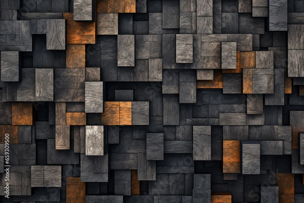 Fototapeta Wooden square blocks in black and rusty colors. Wood textured background. AI generative abstract illustration.