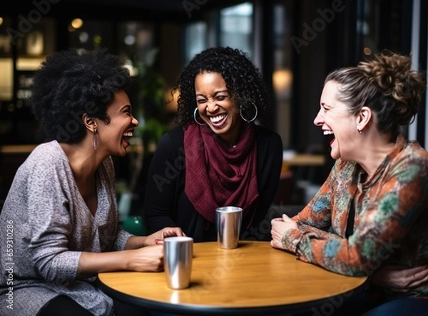 Fototapeta Women in cafe at table having fun chatting, photo of group multiracial happy friends, concept of unity and diversity people Generative AI
