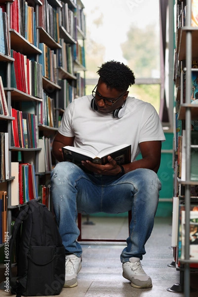 Fototapeta Passionate reader, student, african american studying textbook in university library. Young dark-skinned man reading a book and studying in a public place among shelves